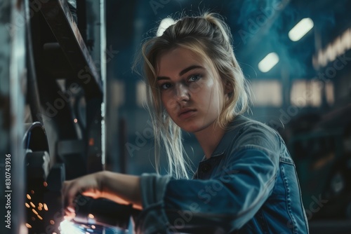 a beautiful blonde woman as she works as a welder in the workshop. Operating the welding machine with expertise, embodying strength and professionalism in her craft