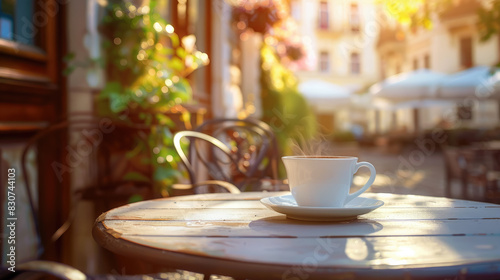 a cup of coffee on the table of a coffee shop against the backdrop of a summer cafe  blurred background  drink  tea  latte  cappuccino  veranda  restaurant  espresso  americano  space for text  blank