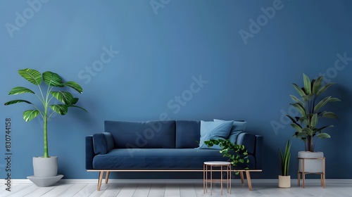 青い壁の背景にネイビーブルーのソファと緑の植物を備えたモダンなリビングルーム photo