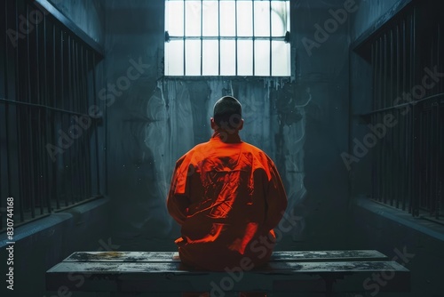a man dressed in orange sits alone on a prison cell bench, his back turned to the world outside, evokes the stark reality of incarceration, symbolizing confinement and the weight of imprisonment photo