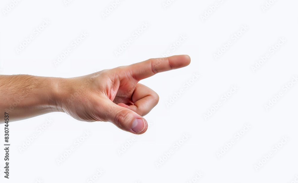 Mano de hombre señalando arriba con el dedo indice sobre un fondo blanco. Mano de hombre señalando arriba con el dedo indice sobre un fondo blanco.