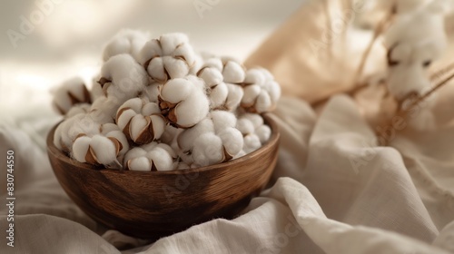 Fresh cotton bolls in wooden bowl on burlap cloth in sunlit rustic setting. photo