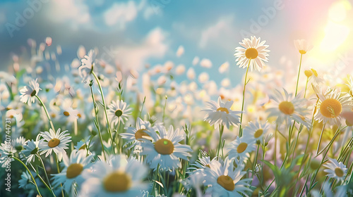 A beautiful  sun-drenched spring summer meadow. Natural colorful panoramic landscape with many wild flowers of daisies against blue sky. A frame with soft selective focus