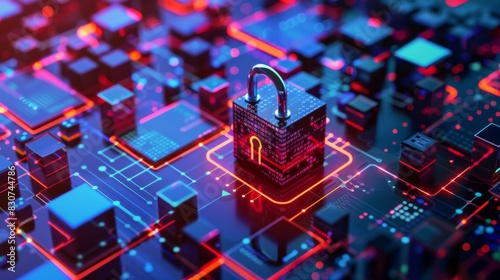 Cybersecurity Lock Icon on Digital Circuit Board