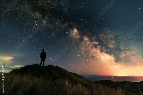 Milky Way Galaxy Night Landscape Composite with Man Gazing Up