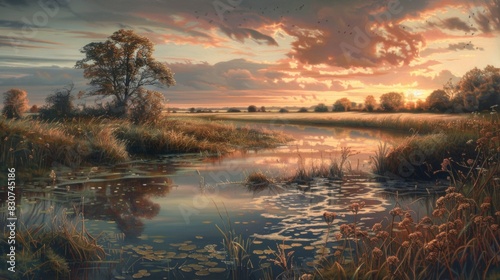 Sunset Over Tranquil Wetlands with Reflections