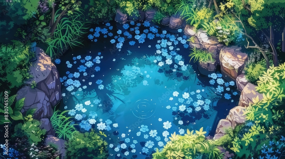 illustration of a pond in a fairy tale forest seen from above. manga anime style 
