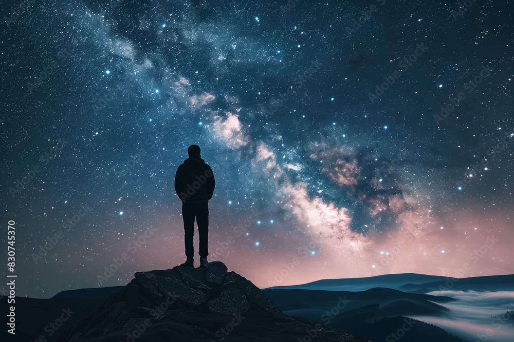 Fototapeta premium Long Exposure Night Landscape Composite: Man Gazing at Milky Way Galaxy