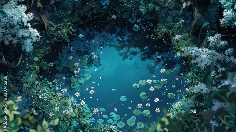 Fototapeta premium a pond in a magical woodland as seen from a bird's-eye view, done in the style of manga and anime 