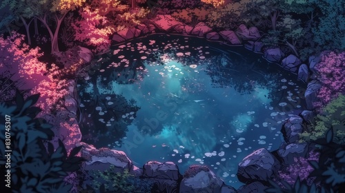 illustration of a pond in a fairy tale forest seen from above. manga anime style 
 photo