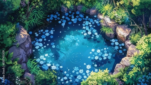 illustration of a pond in a fairy tale forest seen from above. manga anime style  