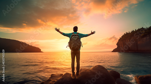 Confident man with backpack with arms up relaxing at sunset seaside during a trip , male traveler enjoying freedom in serene nature landscape