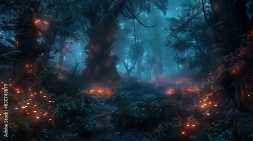 Mystical Forest with Glowing Red Mushrooms