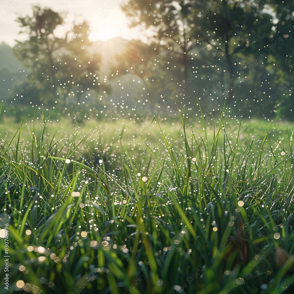 Dewy Morn: A Field of Tall Grass Bathed in Sunlight and Drops