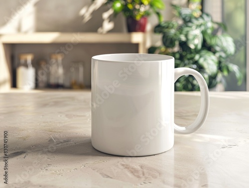  A blank coffee mug placed on a kitchen counter, with a neutral background perfect for adding any artwork or text. hd realistic photography --ar 4:3 