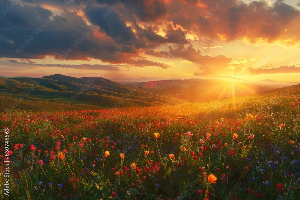 Scenic Sunset Over Colorful Flower Field