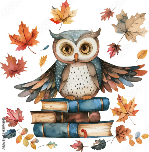 Watercolor owl with books and autumn leaves on a transparent background. School symbol of wisdom. Vector illustration