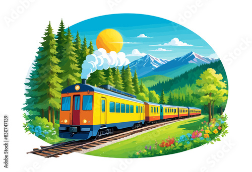 a yellow train traveling through a lush green forest