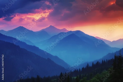 Colorful Sunset Over Blue Mountain Range