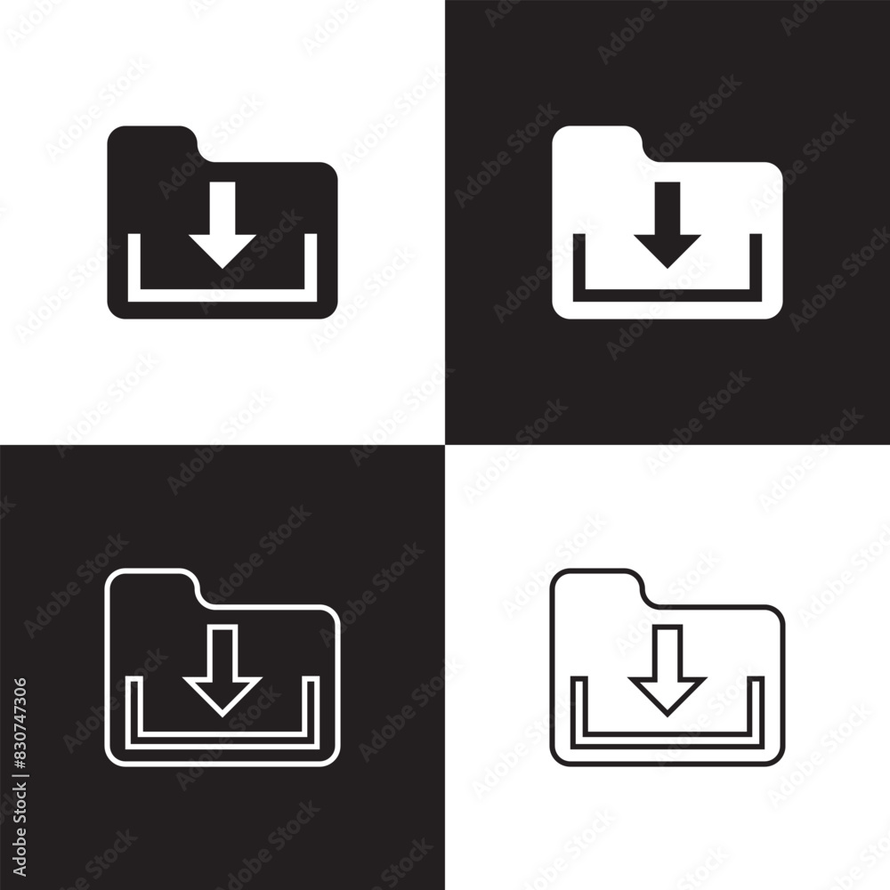 Download folder icon, file document import icon sign with arrow down - save folder file icon button. isolated on white and black background. Vector illustration . EPS 10 Download folder icon, file document import icon sign with arrow down - save folder file icon button. isolated on white and black background. Vector illustration . EPS 10