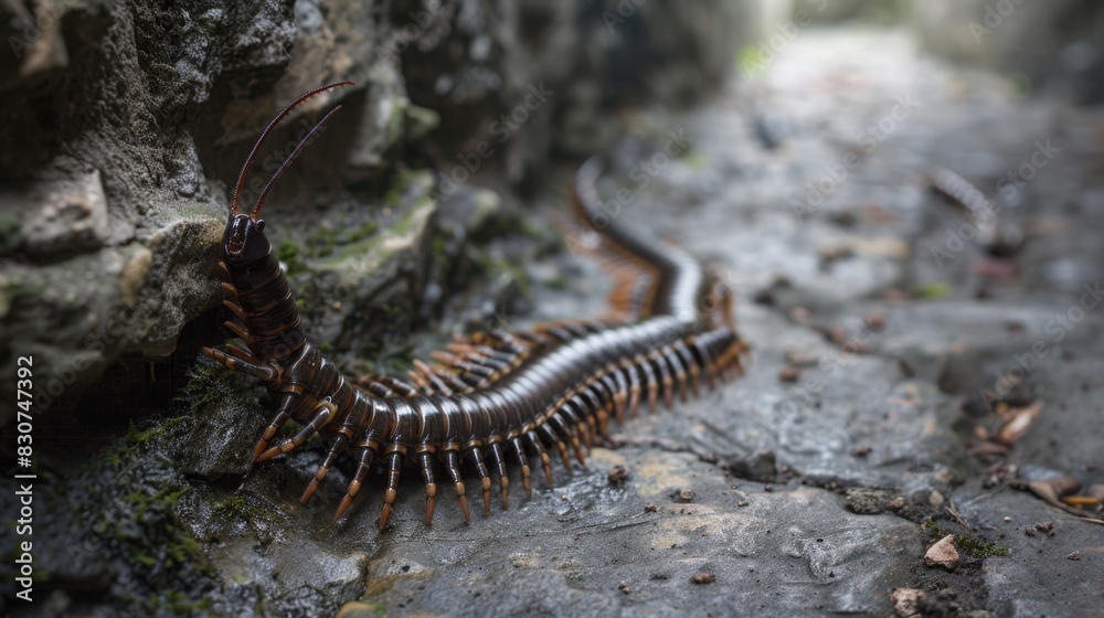 Majestic Millipede Crawling on Rocky Terrain in Natural Habitat Majestic Millipede Crawling on Rocky Terrain in Natural Habitat