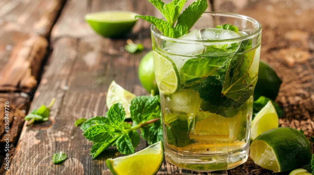 Refreshing Mojito Cocktail with Fresh Lime and Mint on Wooden Table Refreshing Mojito Cocktail with Fresh Lime and Mint on Wooden Table