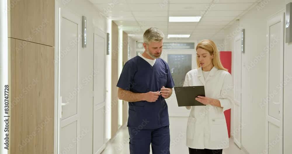 Doctor and nurse briefing medical report. Two doctors in a hospital corridor reviewing patient information on a clipboard, demonstrating professional healthcare teamwork and communication