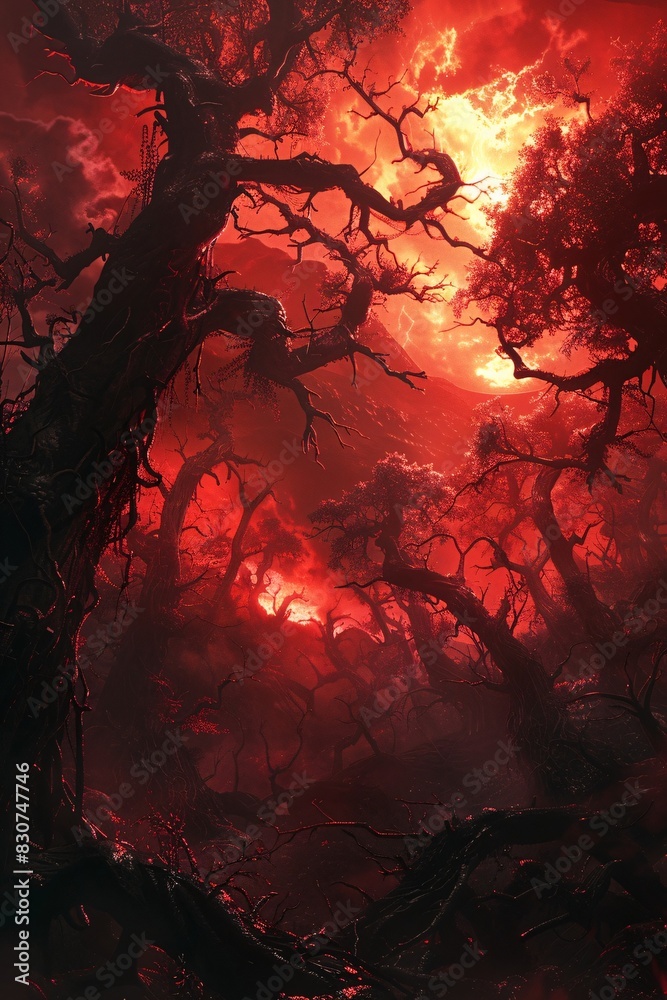 Fototapeta premium A Red Forest: An Epic Journey into the Heart of a Mystical Landscape