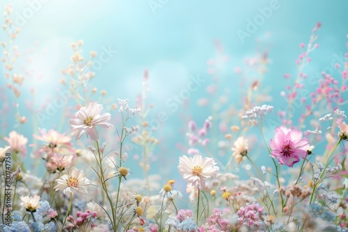 Pastel Wildflowers Blooming in Spring Meadow