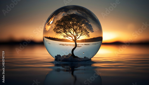 Glass ball with tree inside of it floating in body of water © Zeeshan