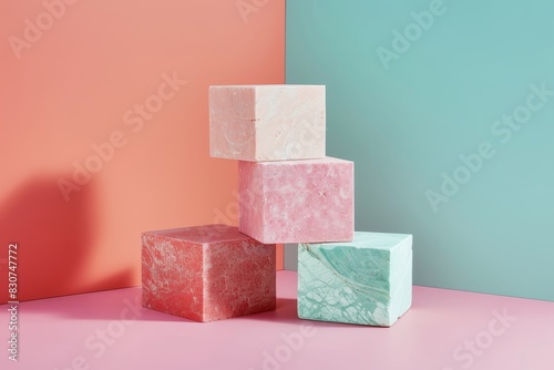 A stack of four different colored cubes, each with a different color