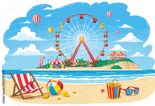a beach scene with a ferris wheel and beach chairs