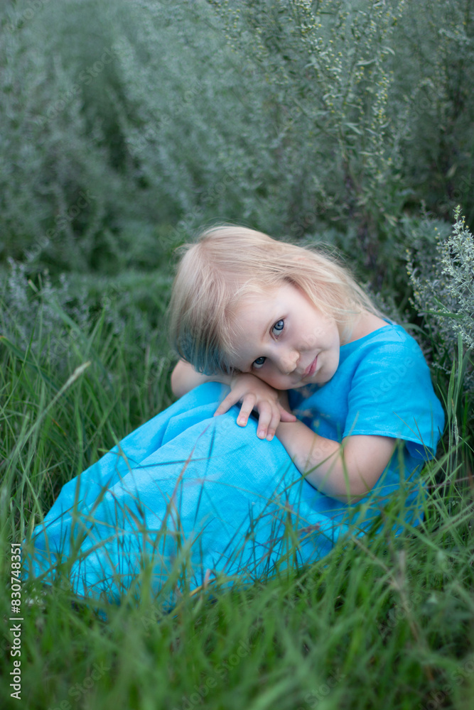 A small beautiful blonde girl in a blue linen sundress against a background of tall grass A small beautiful blonde girl in a blue linen sundress against a background of tall grass