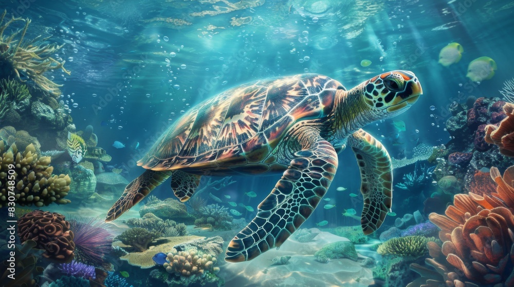 Vibrant Underwater Scene with Sea Turtle
