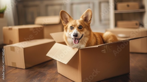 The dog in cardboard box photo