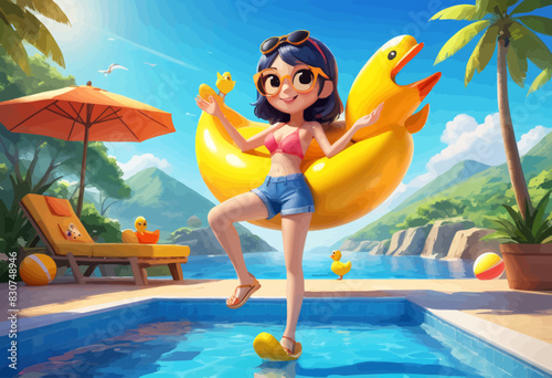 a cartoon girl is holding a rubber duck in a pool