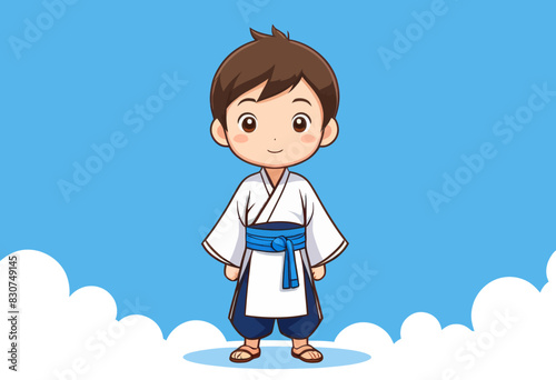 a boy in a kimono standing in the clouds