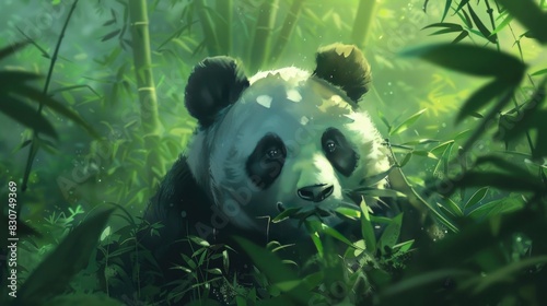 A curious panda bear munching on a bamboo shoot in a lush, green forest, its distinctive black and white fur and gentle demeanor capturing the essence of this iconic endangered species.