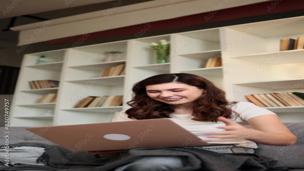 Vertical video of amazed lucky young caucasian woman extremely happy after read message on computer at home Excited female pleased rejoices received great news on laptop at workplace indoors Vertical video of amazed lucky young caucasian woman extremely happy after read message on computer at home Excited female pleased rejoices received great news on laptop at workplace indoors