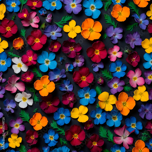 Vibrant pattern of flowers with a dominant presence of blue and orange and purple hues. The flowers are colorful Forget-me-nots.