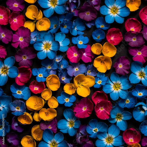 Vibrant pattern of flowers with a dominant presence of blue and orange and purple hues. The flowers are colorful Forget-me-nots.