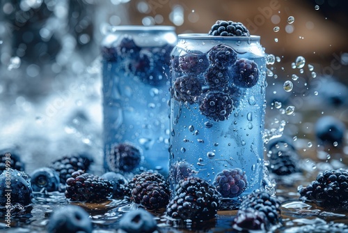 Aluminum can with condensation surrounded by floating berries and water droplets. Berry-flavored sparkling water