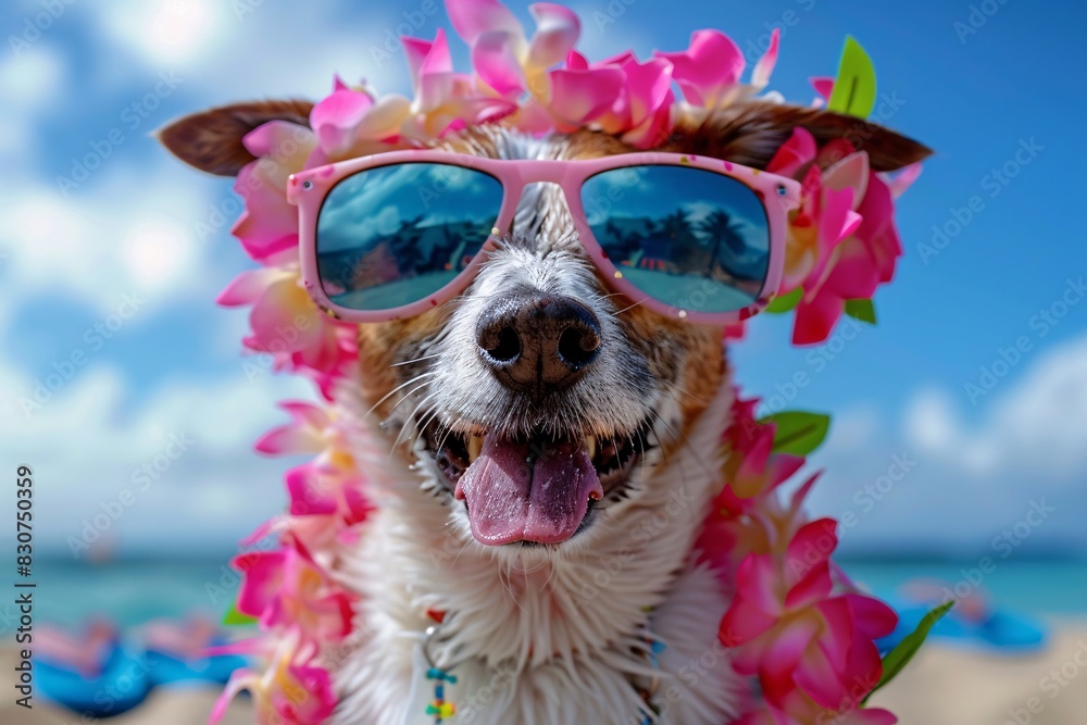 Cute Canine in a Hawaiian-themed Beach Scene with Flower Leis