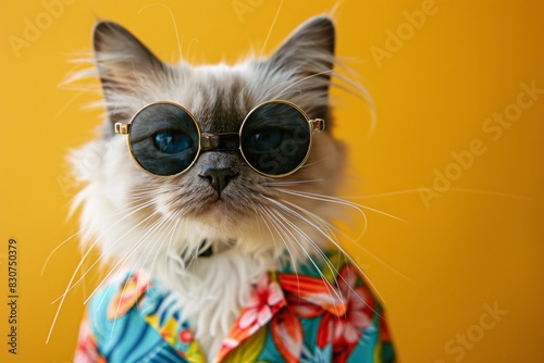 Fashionable Feline  Chic Cat in Sunglasses and Hawaiian Shirt