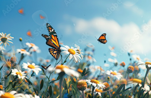 A field of daisies with butterflies flying around, sunny blue sky. Created with Ai