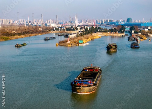 Aerial photography of busy transportation operations along the Beijing-Hangzhou Grand Canal in Huai 'an City, Jiangsu Province. This year marks the 10th anniversary of the successful application of th