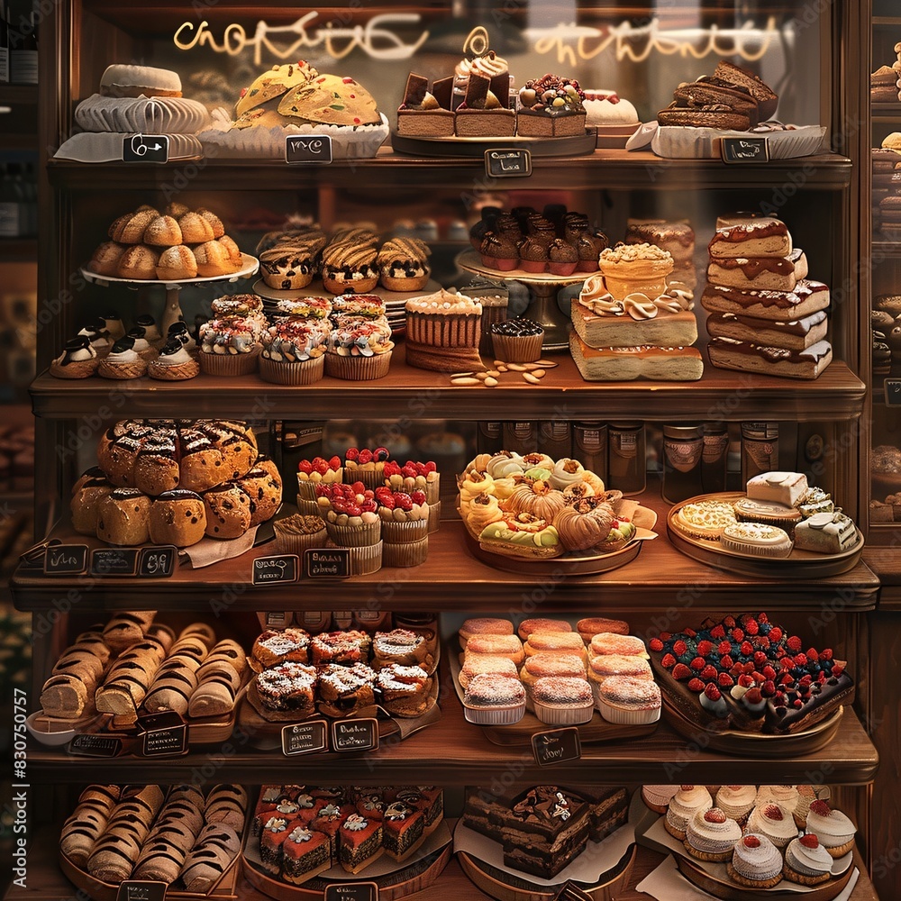 Bakery Display Shelf: An Assortment of Baked Goods and Pastries