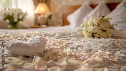 Romantic bedroom setup with heart-shaped towels, rose petals, and soft lighting for a memorable evening. Generative AI