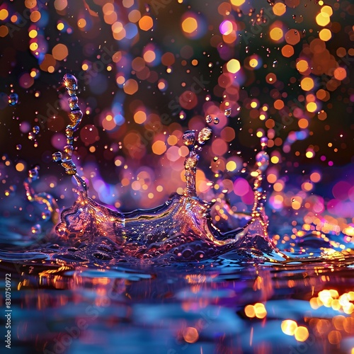 Splash of Raindrops in a Colorful Night Scene