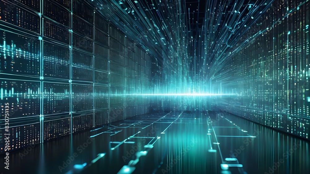 Fototapeta premium Digital backdround ideal for technological operations, neural networks, AI, data transmission and encryption, digital archives, audio and visual representations, scientific research